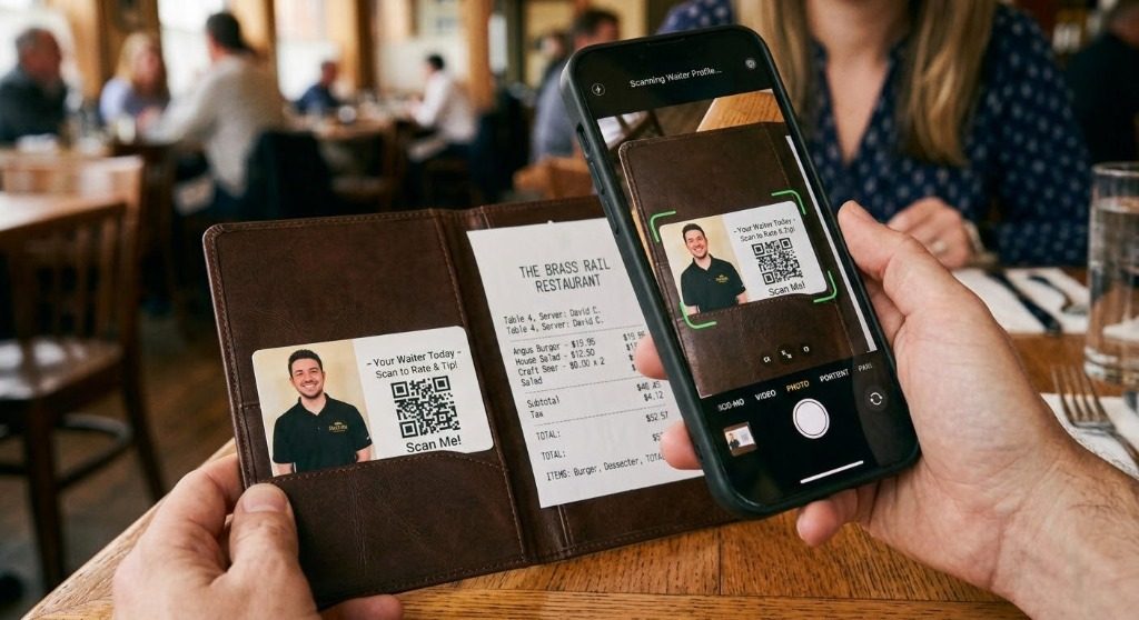 Trinkgeld QR-Karte in Rechnungsmappe mit Smartphone gescannt